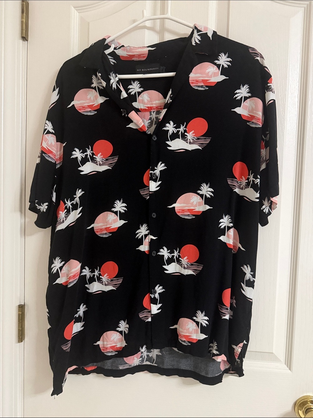 No Boundaries Black Short-Sleeve Button-Up with Red & White Sunset Motif